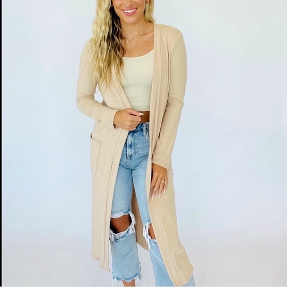 ☃️BOGO50%☃️ 🆕🤍STYLIVE: OATMEAL Open Front Long Cardigan MEDIUM - Picture 1 of 7
